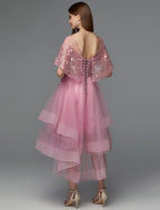 A-Line Elegant Dress Holiday Wedding Guest Asymmetrical Sleeveless Illusion Neck Lace Tie Back with Lace