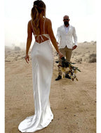 Open Back Casual Wedding Dresses Sleeveless Square Neck Strap Charmeuse Ruched