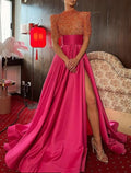 A-Line Evening Gown Christmas Red Green Dress Formal Carival Chapel Train Half Sleeve High Neck Satin with Pearls Sequin