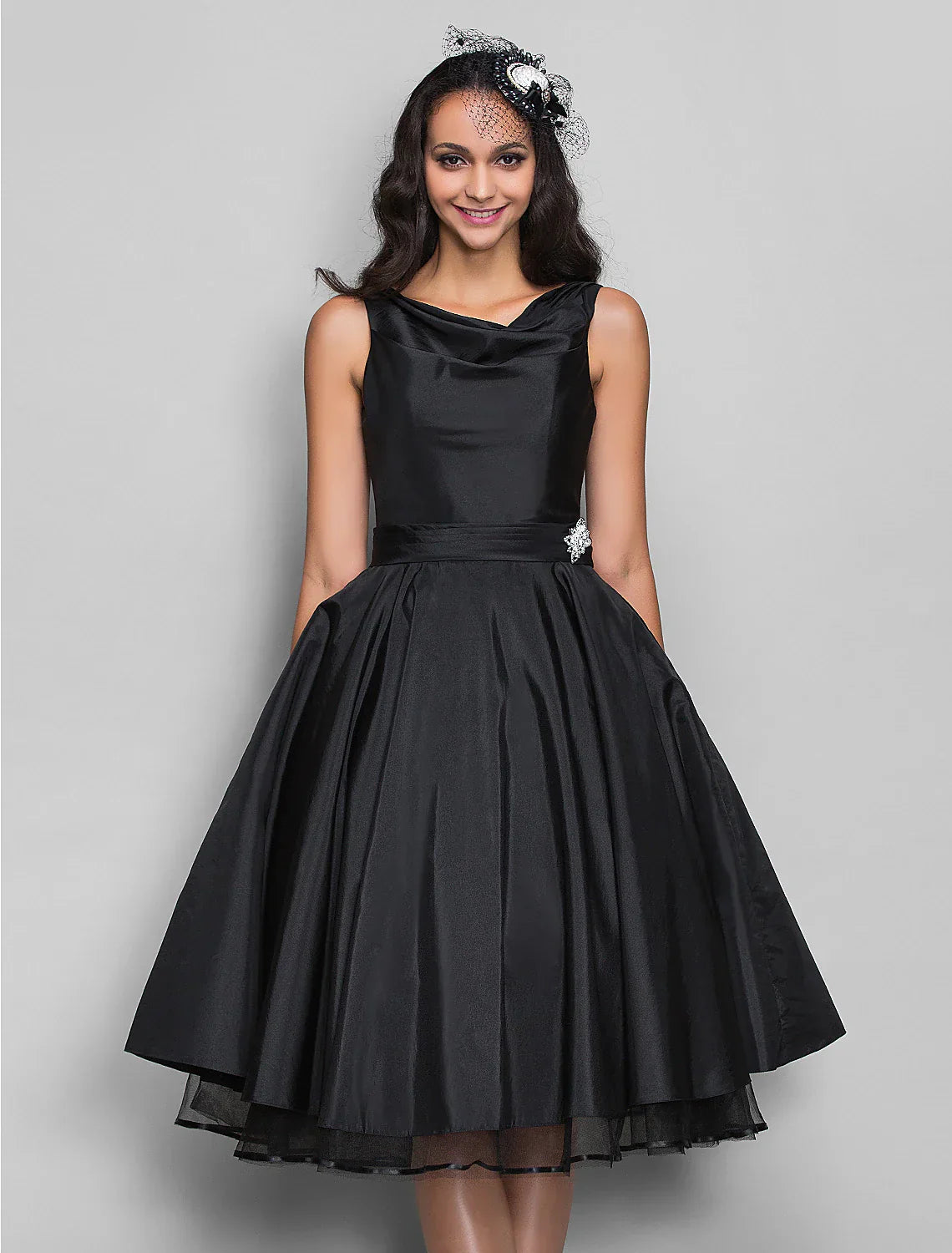 A-Line Cocktail Dresses Vintage Dress Halloween Wedding Guest Knee Length Sleeveless V Neck Taffeta with Pleats Crystals