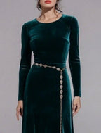 A-Line Mother of the Bride Dress Wedding Guest Simple Elegant Jewel Neck Floor Length Velvet Long Sleeve No with Sash / Ribbon Solid Color