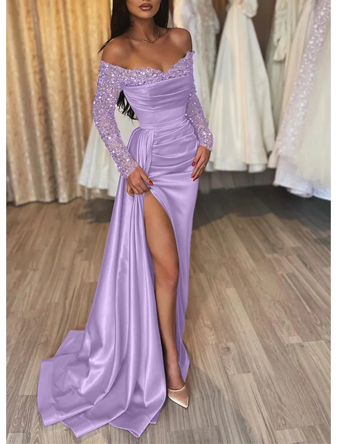 Mermaid Black Dress Evening Gown Ruched Sequin Dress Formal Sparkle Wedding Party Court Train Long Sleeve Off Shoulder Fall Wedding Reception Satin with Slit