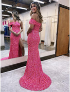 Prom Dresses Sparkle Shine Dress Formal Sleeveless One Shoulder Sequined with Slit