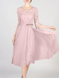 A-Line Mother of the Bride Dress Formal Wedding Guest Elegant Bateau Neck Scoop Neck Knee Length Chiffon Lace Half Sleeve with Crystals Appliques Solid Color