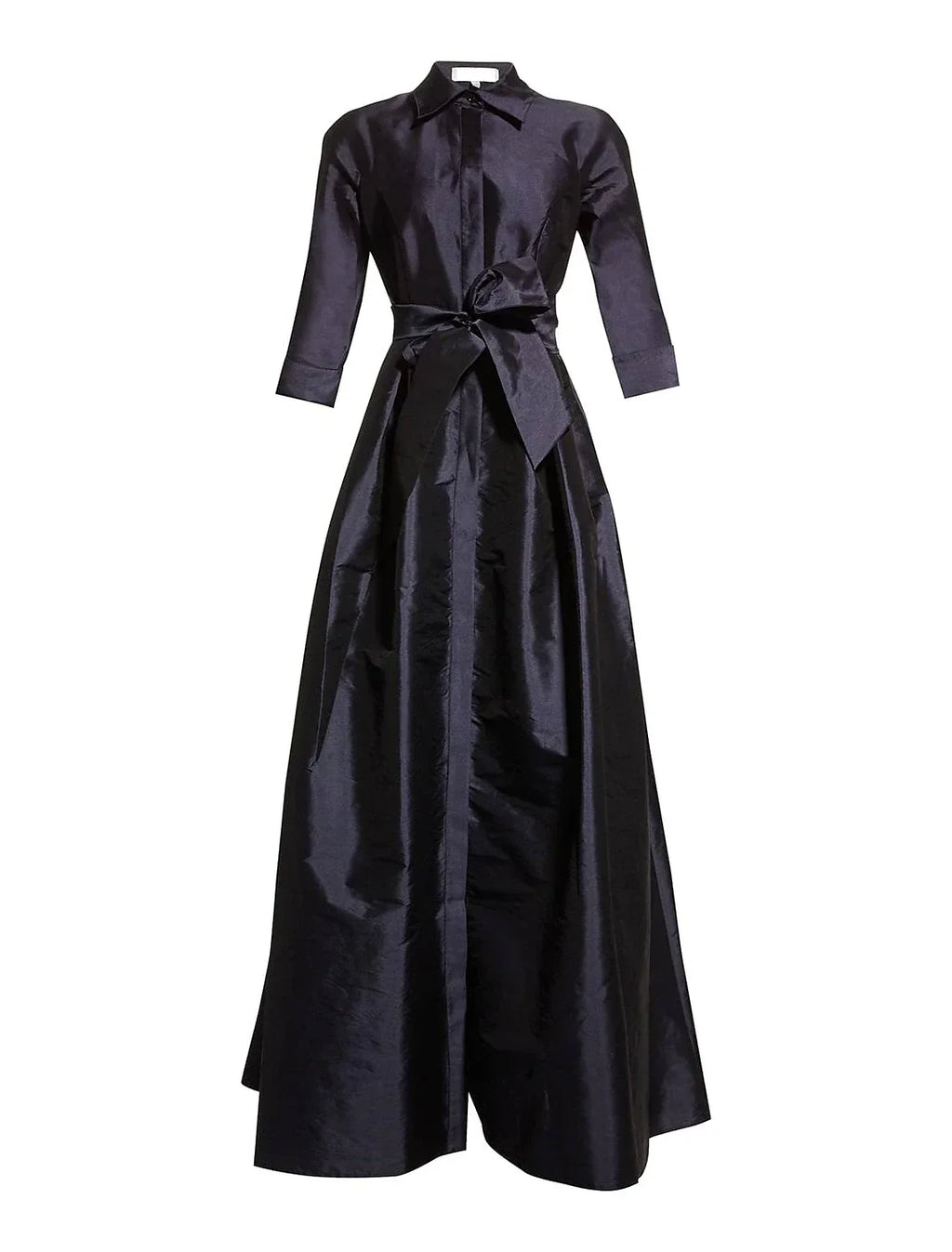 A-Line Evening Gown Elegant Black Dress Wedding Guest Floor Length 3/4 Length Sleeve Shirt Collar Pocket Taffeta with Pocket Strappy