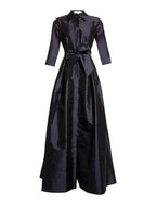 A-Line Evening Gown Elegant Black Dress Wedding Guest Floor Length 3/4 Length Sleeve Shirt Collar Pocket Taffeta with Pocket Strappy