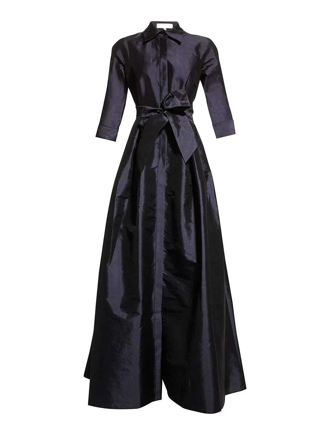 A-Line Evening Gown Elegant Black Dress Wedding Guest Floor Length 3/4 Length Sleeve Shirt Collar Pocket Taffeta with Pocket Strappy