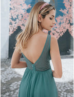 A-Line Holiday Prom Dress V Neck V Back Sleeveless Floor Length Chiffon Appliques