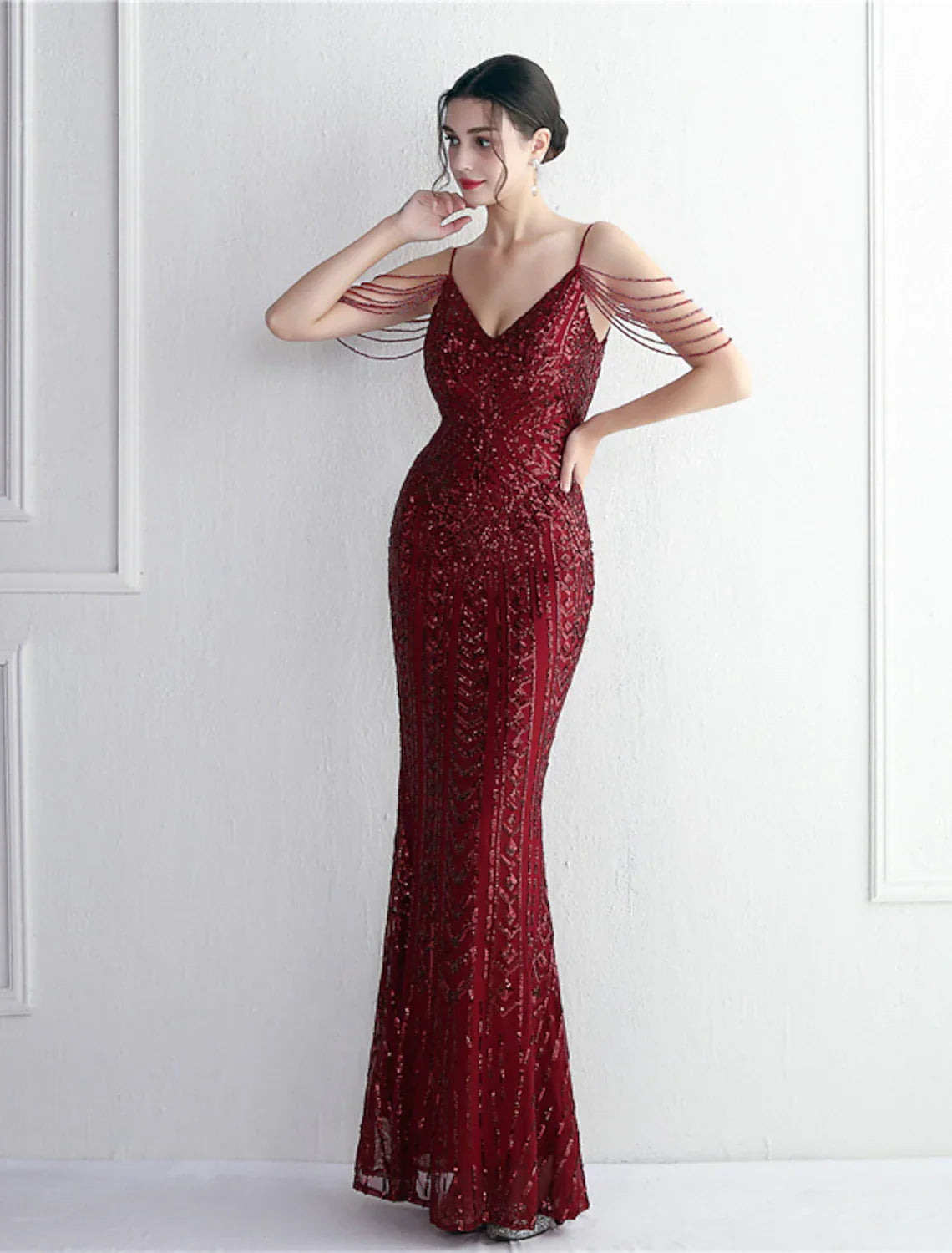 Mermaid / Trumpet Evening Gown Sparkle & Shine Dress Formal Floor Length Short Sleeve Spaghetti Strap Polyester with Beading Sequin
