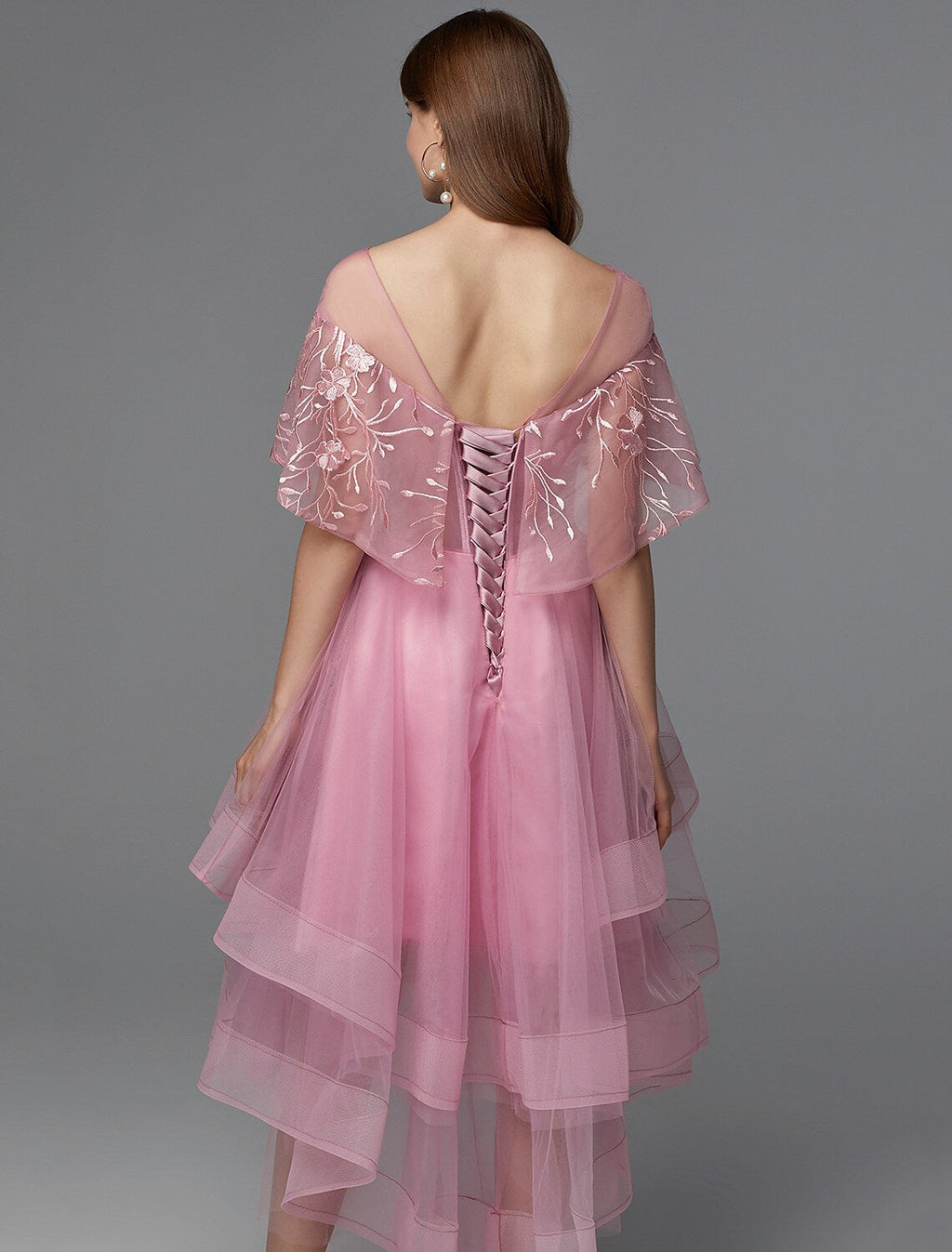 A-Line Elegant Dress Asymmetrical Sleeveless Neck Lace Tie Back with Lace