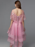 A-Line Elegant Dress Asymmetrical Sleeveless Neck Lace Tie Back with Lace