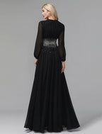 A-Line Evening Dress Celebrity Red Carpet Formal Gown Black Wedding Guest Floor Length Long Sleeve V Neck Chiffon with Sequin