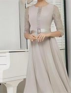 A-Line Mother of the Bride Dress Formal Wedding Guest Elegant Jewel Neck Tea Length Chiffon Lace 3/4 Length Sleeve with Sash / Ribbon Solid Color