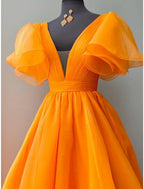 Ball Gown Evening Gown Celebrity Style Dress Wedding Party Floor Length Short Sleeve V Neck Organza with Pleats Ruffles