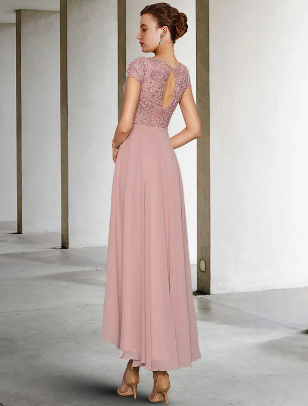 A-Line Mother of the Bride Dress Elegant Asymmetrical Chiffon Lace Sleeve Ruching