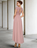 A-Line Mother of the Bride Dress Elegant Asymmetrical Chiffon Lace Sleeve Ruching