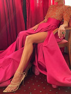 A-Line Evening Gown Christmas Red Green Dress Formal Carival Chapel Train Half Sleeve High Neck Satin with Pearls Sequin