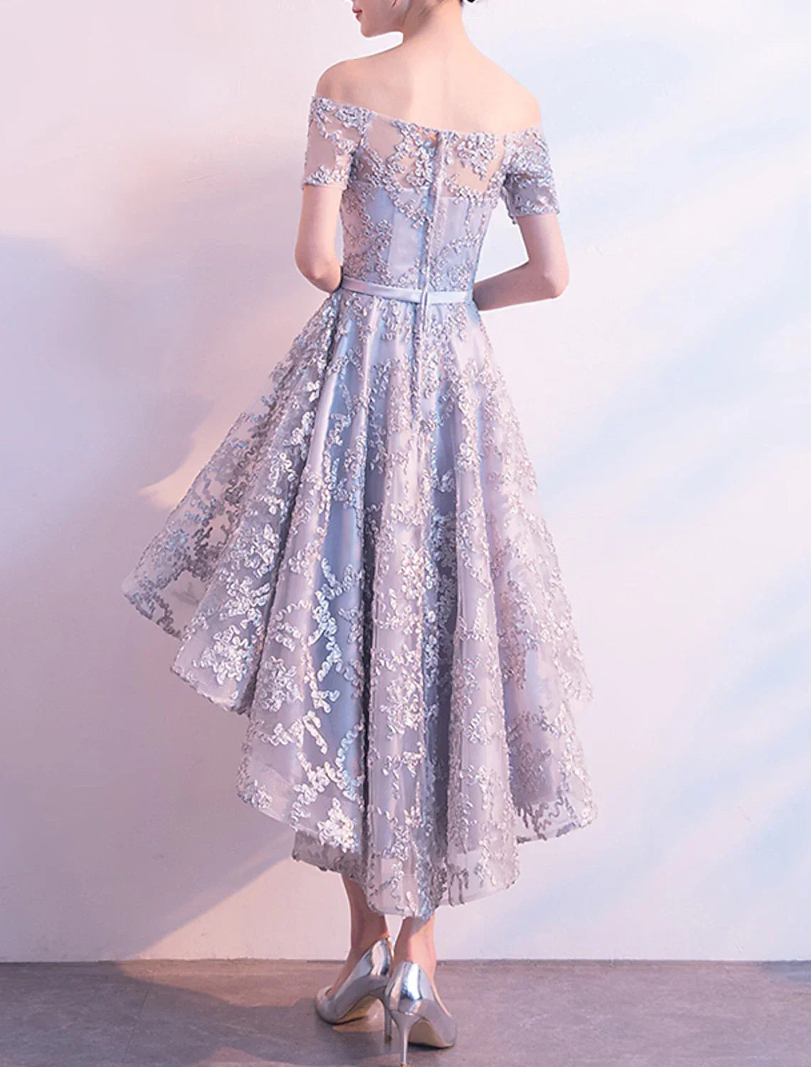 A-Line Cocktail Dresses Minimalist Dress Homecoming Party Wear Asymmetrical Short Sleeve Off Shoulder Tulle with Bow(s) Pleats