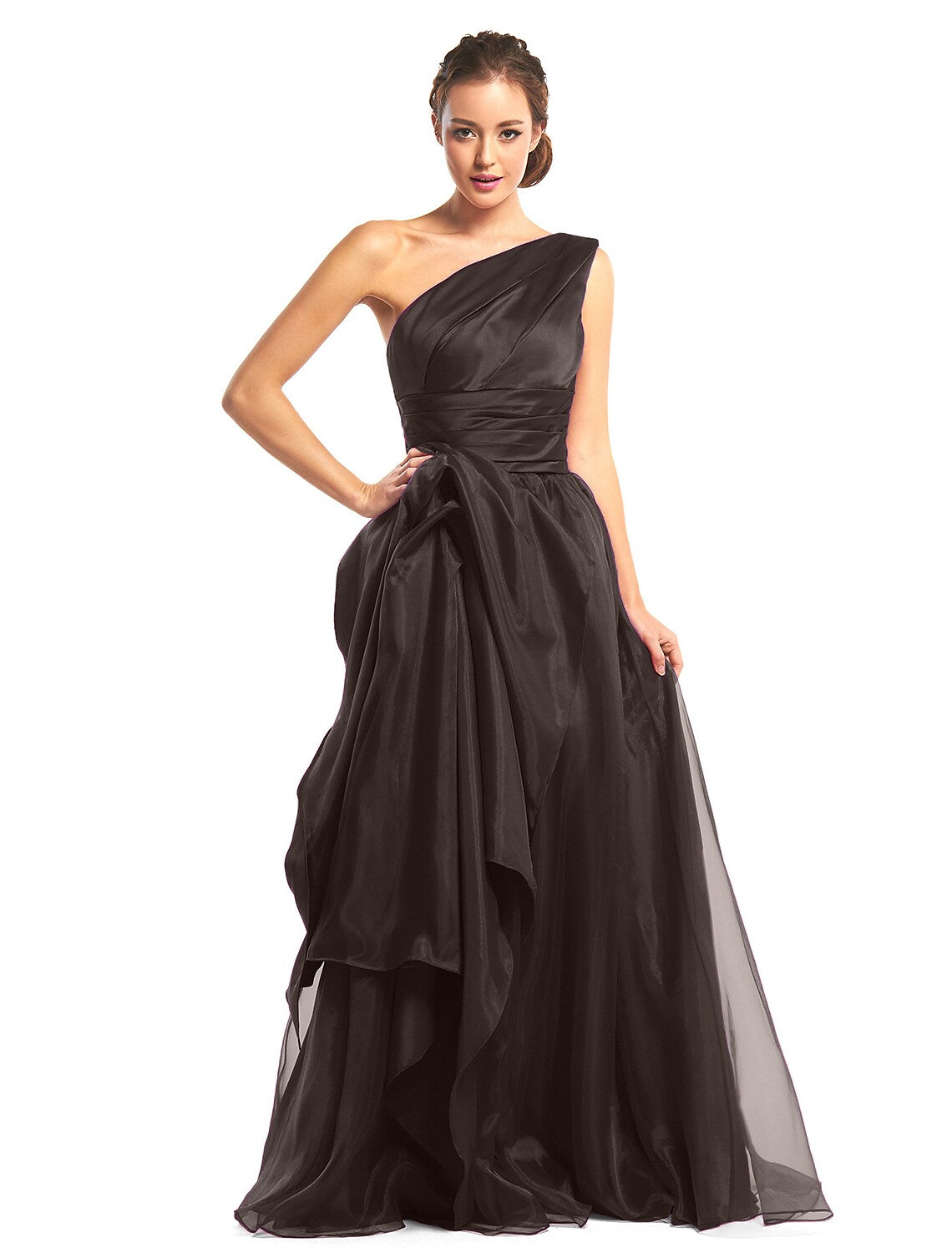 Elegante Abito da Sera da Ballo Formale Monospalla Senza Maniche Lunghezza al Pavimento in Organza con Drappeggio Laterale