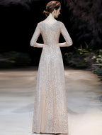 A-Line Prom Dresses Sparkle Dress Engagement Floor Length Sleeve V Neck Sequined with Pleats