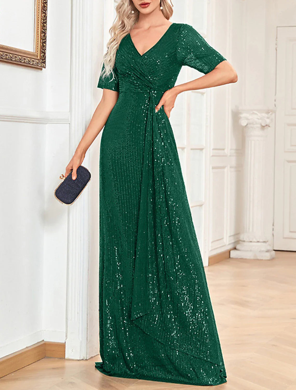 A-Line Party Dresses Sparkle & Shine Dress Formal Wedding Guest Floor Length Short Sleeve V Neck Sequined with Sequin