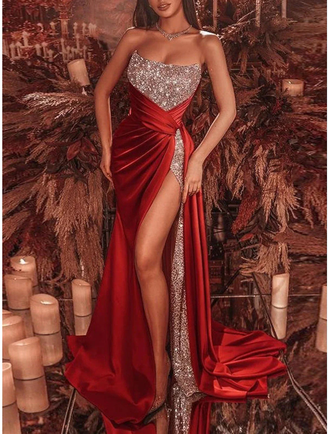 Sheath Black Dress Evening Gown Celebrity Style Dress Formal Court Train Sleeveless Strapless Sequined with Ruched Sequin