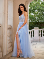 A-Line/Princess Tulle Applique V-neck Sleeveless Floor-Length Dresses