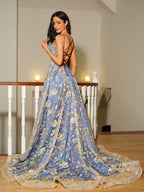 A-Line/Princess Satin Lace V-neck Sleeveless Court Train Dresses
