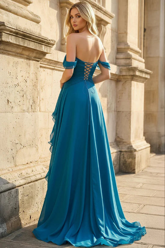 Draped Chiffon A-Line Off-The-Shoulder Sweetheart Lace-Up-Back Floor-Length Prom Dress