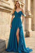 Draped Chiffon A-Line Off-The-Shoulder Sweetheart Lace-Up-Back Floor-Length Prom Dress