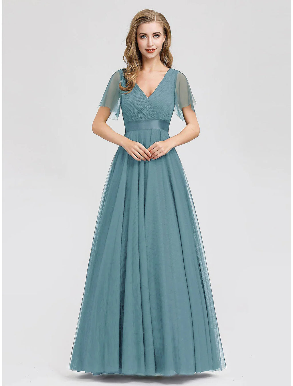 A-Line Prom Dresses Dress Graduation Floor Length Short Sleeve V Neck Chiffon V Back with Ruched Ruffles