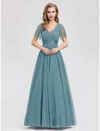 A-Line Prom Dresses Dress Graduation Floor Length Short Sleeve V Neck Chiffon V Back with Ruched Ruffles