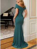 Mermaid / Trumpet Mother of the Bride Dress Wedding Guest Elegant Off Shoulder Sweep / Brush Train Stretch Chiffon Short Sleeve with Sequin Split Front Crystal Brooch