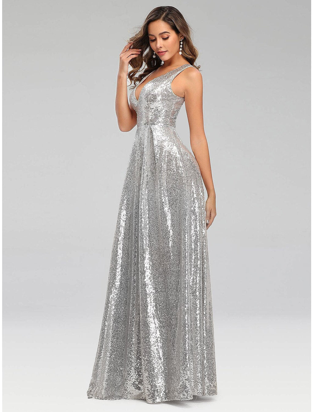 A-Line Prom Dresses Sparkle Dress Wedding Guest Floor Length Sleeveless V Neck Polyester V Back with Sequin