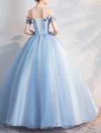 Ball Gown Floral Puffy Quinceanera Prom Dress Off Shoulder Short Sleeve Floor Length Polyester with Appliques