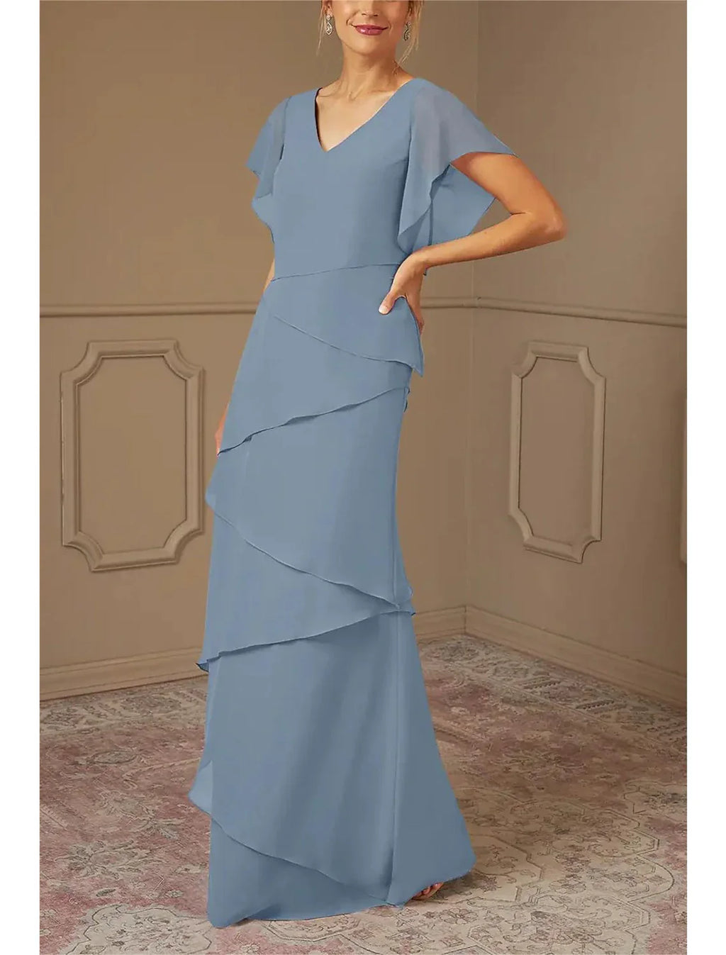 A-Line Mother of the Bride Dress Formal Wedding Guest Elegant V Neck Floor Length Chiffon Half Sleeve Wrap Included with Cascading Ruffles Solid Color