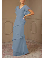 A-Line Mother of the Bride Dress Formal Wedding Guest Elegant V Neck Floor Length Chiffon Half Sleeve Wrap Included with Cascading Ruffles Solid Color