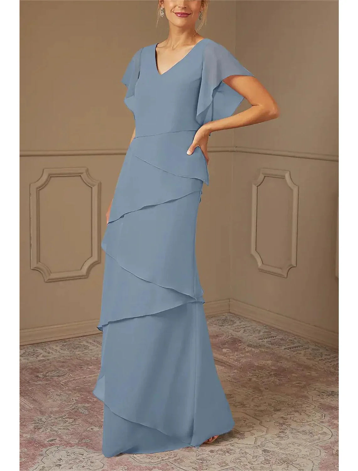 A-Line Mother of the Bride Dress Formal Wedding Guest Elegant V Neck Floor Length Chiffon Half Sleeve Wrap Included with Cascading Ruffles Solid Color