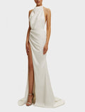 Sheath / Column Prom Dresses Elegant Dress Prom Court Train Sleeveless Halter Neck Fall Wedding Guest Satin with Slit Pure Color