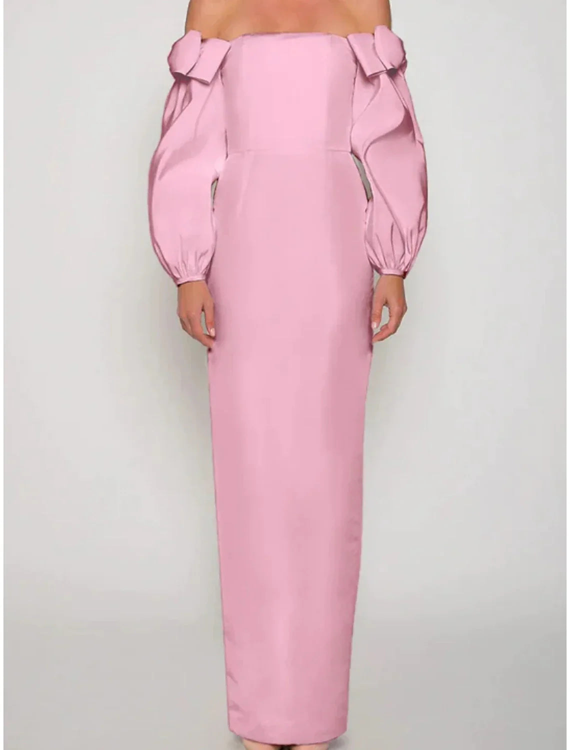 Sheath / Column Evening Gown Elegant Dress Formal Christmas Ankle Length Long Sleeve Off Shoulder Satin with Bow(s) Ruched