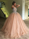 Ball Gown V-neck Sleeveless Floor-Length Beading Tulle Dresses
