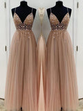 A-Line/Princess Beading Tulle Spaghetti Straps Sleeveless Floor-Length Dresses
