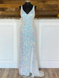 Sheath/Column Velvet Sequins V-neck Sleeveless Sweep/Brush Train Dresses