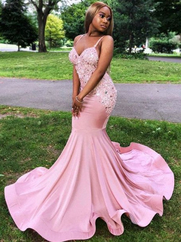 Trumpet/Mermaid Silk like Satin Applique V-neck Sleeveless Sweep/Brush Train Dresses