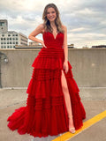 A-Line/Princess Tulle Ruffles V-neck Sleeveless Sweep/Brush Train Dresses