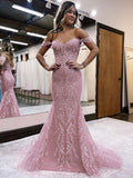 Sheath/Column Lace Applique Off-the-Shoulder Sleeveless Court Train Dresses