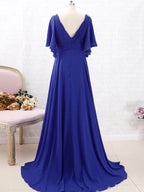 A-Line/Princess Chiffon Beading V-neck Short Sleeves Sweep/Brush Train Mother of the Bride Dresses