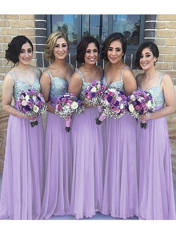 A Line Sequin Chiffon Bridesmaid Dresses For Elegant Wedding Party Sleeveless Sweetheart Floor Length