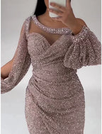 Mermaid Dress Evening Gown Christmas Red Green Dress Formal Sweep / Brush Train Long Sleeve Scoop Neck Sequined with Glitter Ruched Slit