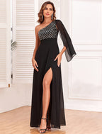 A-Line Evening Gown Elegant Dress Evening Party Party Wear Floor Length Long Sleeve One Shoulder Chiffon with Glitter Slit